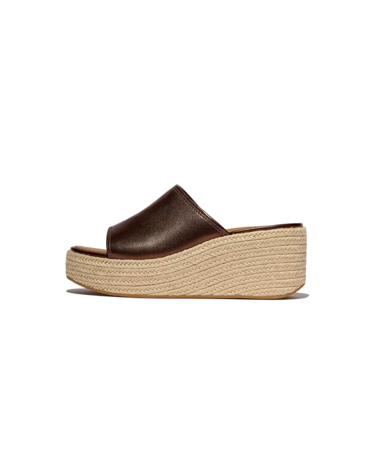FitFlop Platform Espadrille Leather Wedge Slides Metallic Chocolate Brown