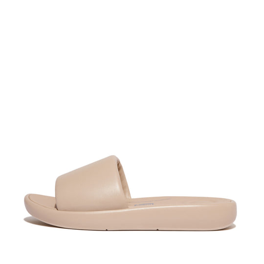 FitFlop iQushion D-Luxe Padded Leather Slides Stone Beige