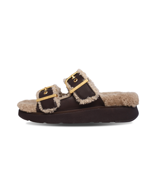 Fitflop Gen-FF Buckle  2 Bar Curly Shearling Leather Slides Chocolate Brown