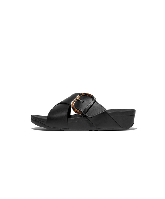 FitFlop Lulu Resin Buckle Leather Cross Slide Black