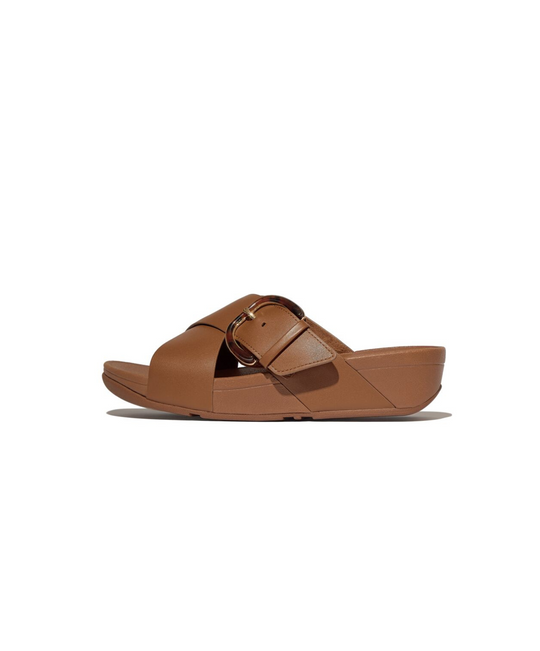 FitFlop Lulu Resin Buckle Leather Cross Slide Deep Tan