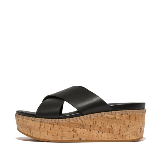 Fitflop Eloise Leather Cork Wedge Cross Slides Black