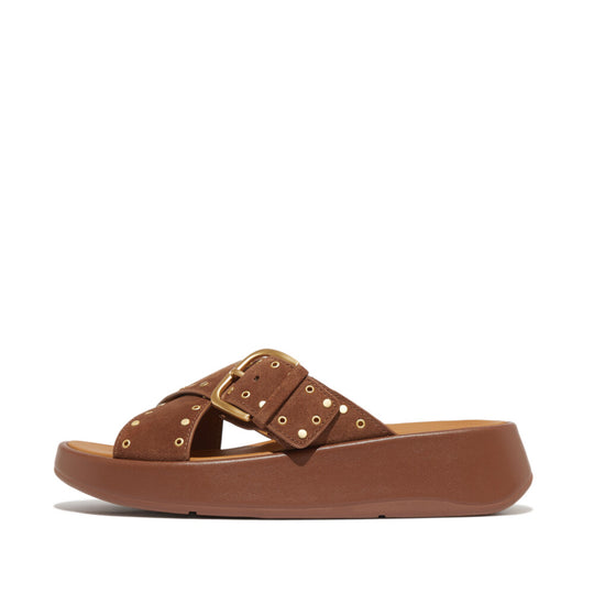 Fitflop F-Mode Buckle Stud Suede Flatform Cross Slide Brown