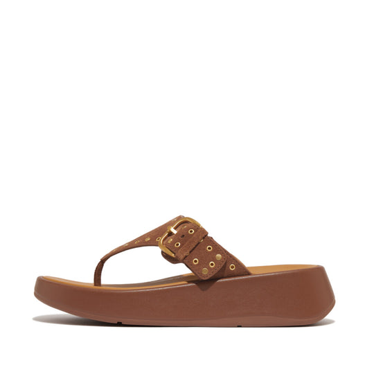 Fitflop F-Mode Buckle Stud Suede/Leather Flatform Toe Post Brown