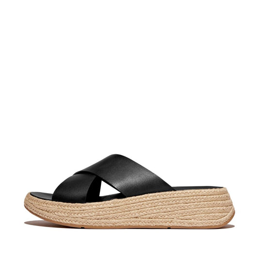 FitFlop F-Mode Espadrille Leather Flatform Cross Slide Black