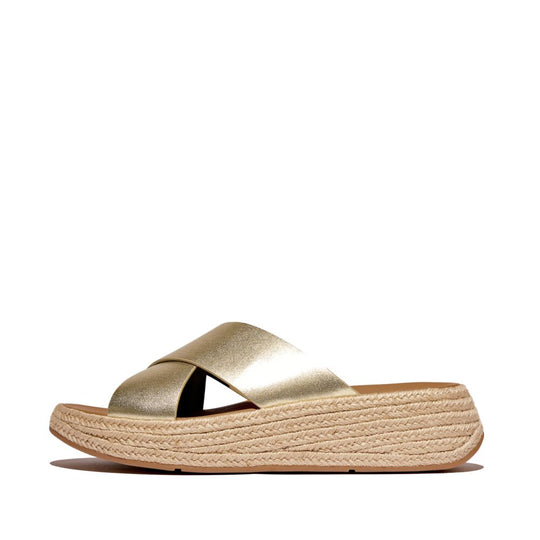 FitFlop F-Mode Espadrille Leather Flatform Cross Slide Platino