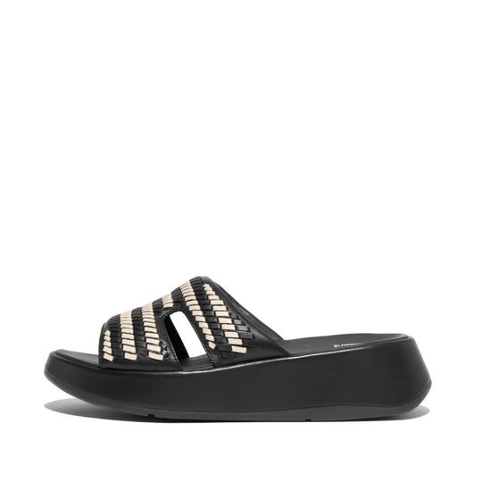 FitFlop F-Mode Woven Leather Flatform H-Bar Sandals Black