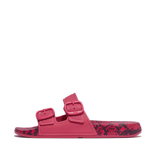 Fitflop iQushion Snake Print Two Bar Buckle Slides Wild Raspberry