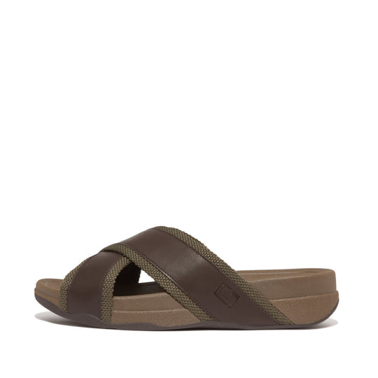 Fitflop Surfers Men's Webbing Leather Cross Slides Olive