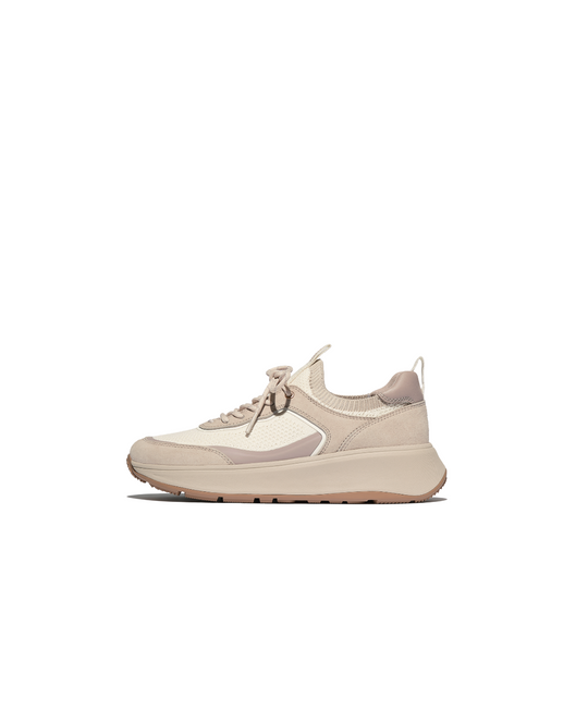 FitFlop F-Mode Suede Knit Flatform Slip On Laced Sneaker Stone Beige Cream