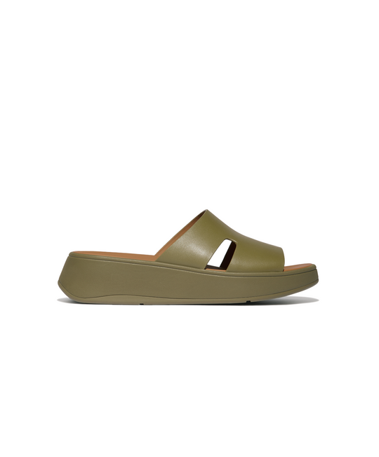 FitFlop F-Mode Raw Edge Leather Flatform H-Bar Slides Camo Green